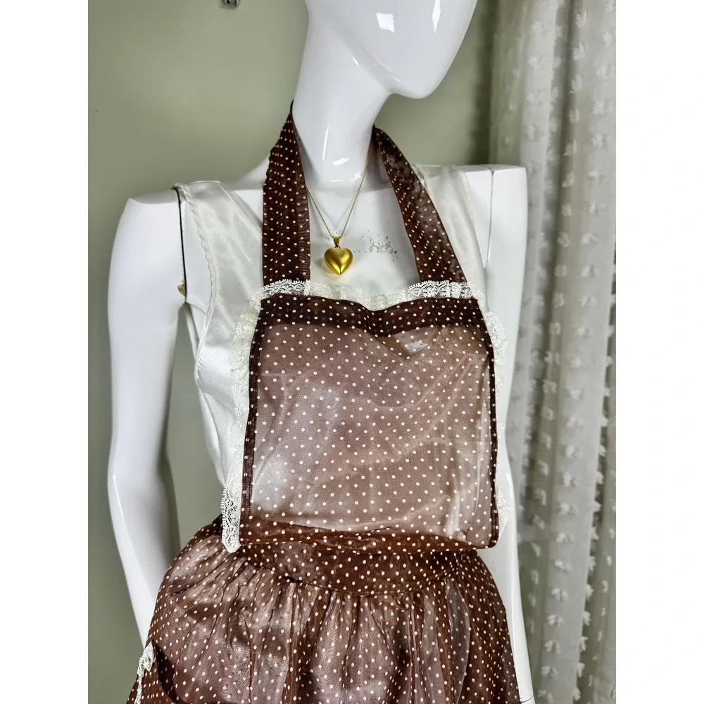 Vintage‎ 1960s 1970s Sheer Polka Dot Hostess Apron Lace Brown Cottage Core